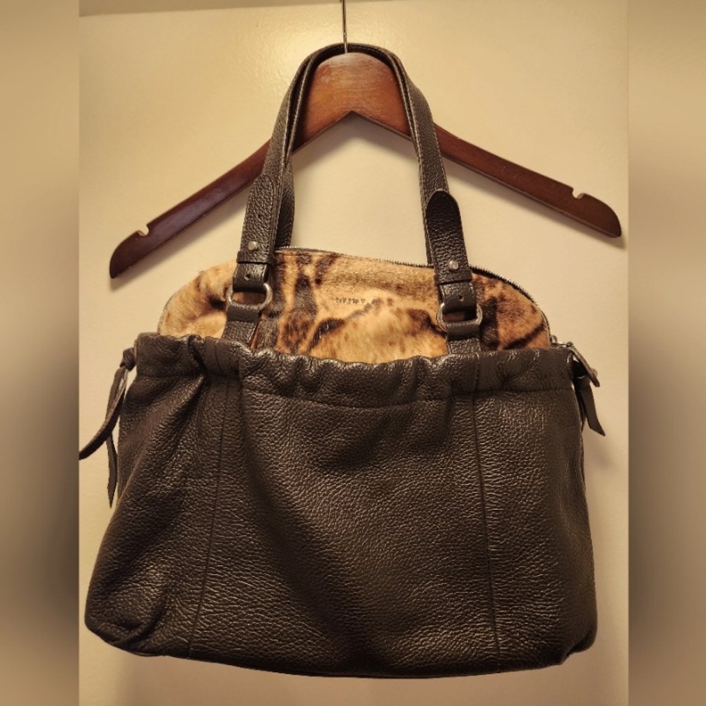 Chocolate brown and animal print medium handbag with authenticity card